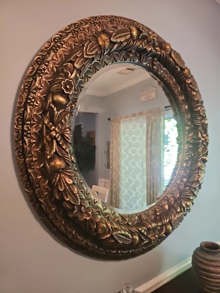 90's Italian Style Round Resin Bevelled Mirror With Nuts & Flowers Gold - Image 3 of 4