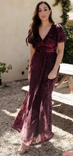 Baltic Born Floral Burnout Velvet Maxi Dress Small Burgundy Smocked Whimsigoth