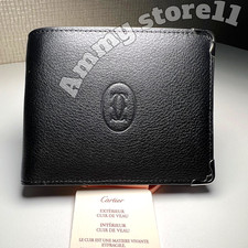 CARTIER Black Leather Bifold Wallet Palladium Corner Hardware Men's Rare
