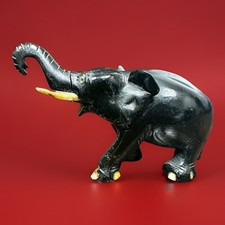 Vintage Hand Carved Black Stone Elephant Figurine Marble Soapstone Statue Trunk