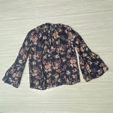 Lucky Brand Women's Navy Blue Floral Poet Long Sleeve Blouse Size Medium