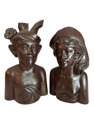 Balinese Portrait Figural Iron wood Carved Sculpture s Man &Woman BALI KlungKung