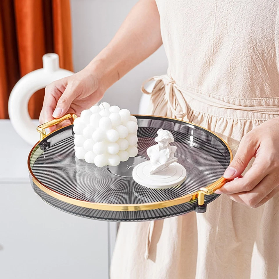 Round Tray with Gold Handle, Desserts Round Decorative Tray, Fruit Round Serv... - Image 3 of 4