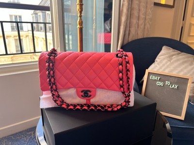 Chanel Medium Double Flap 1112 Neon Pink Lambskin Black HW NEW AUTHENTIC RECEIPT