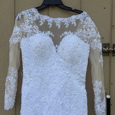 Bridal Gown White Long Sheer Sleeve Sequins Train Lace Up Back 17 PTP 30 Waist