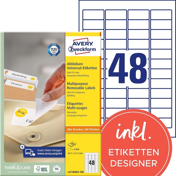 Avery Zweckform Universal-Etiketten 45,7 X 21,2 Mm Weiß 4.800 Etiketten-image