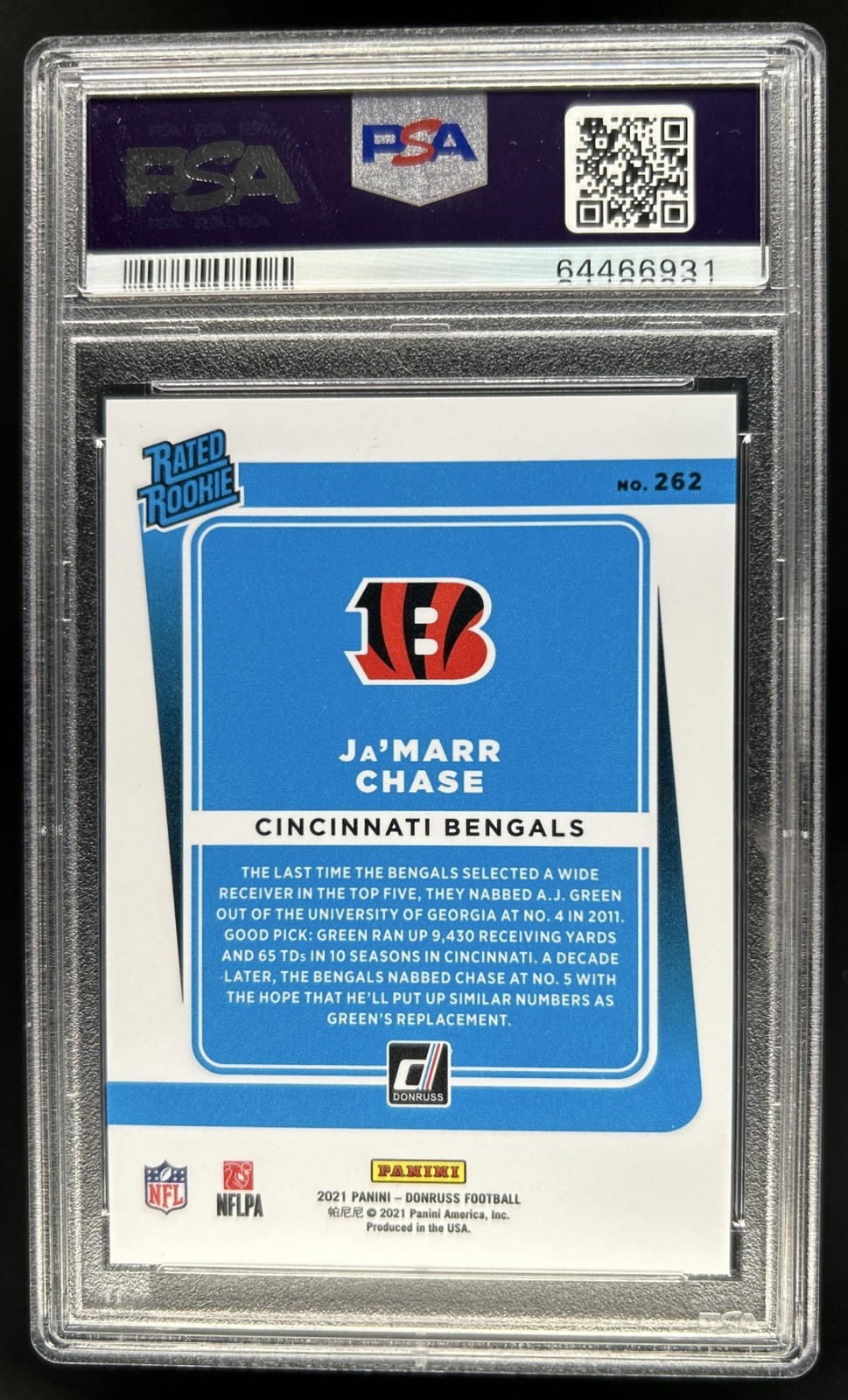 2021 Donruss Ja'Marr Chase Press Proof Premium RC Rated Rookie #262 PSA 10 view 2