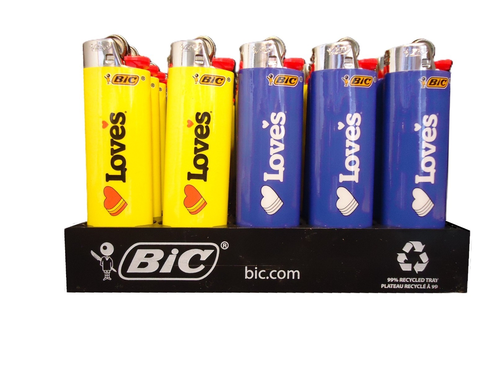 Bic Loves Regular Size Disposable Lighters 50 Count Tray 2 Colors Blue & Yellow