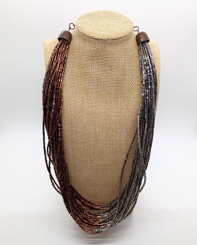 Women's Vintage Necklace Copper And Silver tone multi Stranded Seed bead