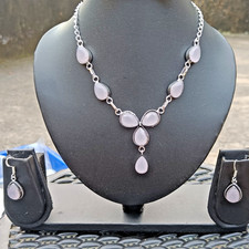 Rose Quartz Gemstone Necklace Earring Set Handmade Jewelry 925 Sterling Silver