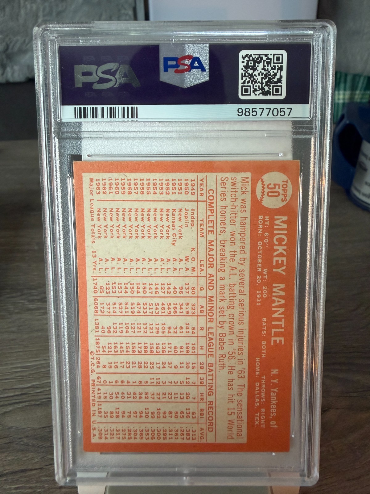 MICKEY MANTLE 1964 TOPPS #50 VG-EX PSA 4 view 3