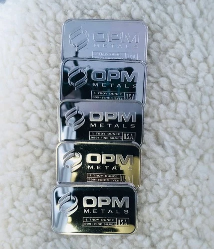 (5) Silver Bars 1 oz Troy .999 Fine OPM Bullion