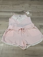NWT In Bloom by Jonquil Pink/White Lace Detail Pajama Set Cami Shorts Medium