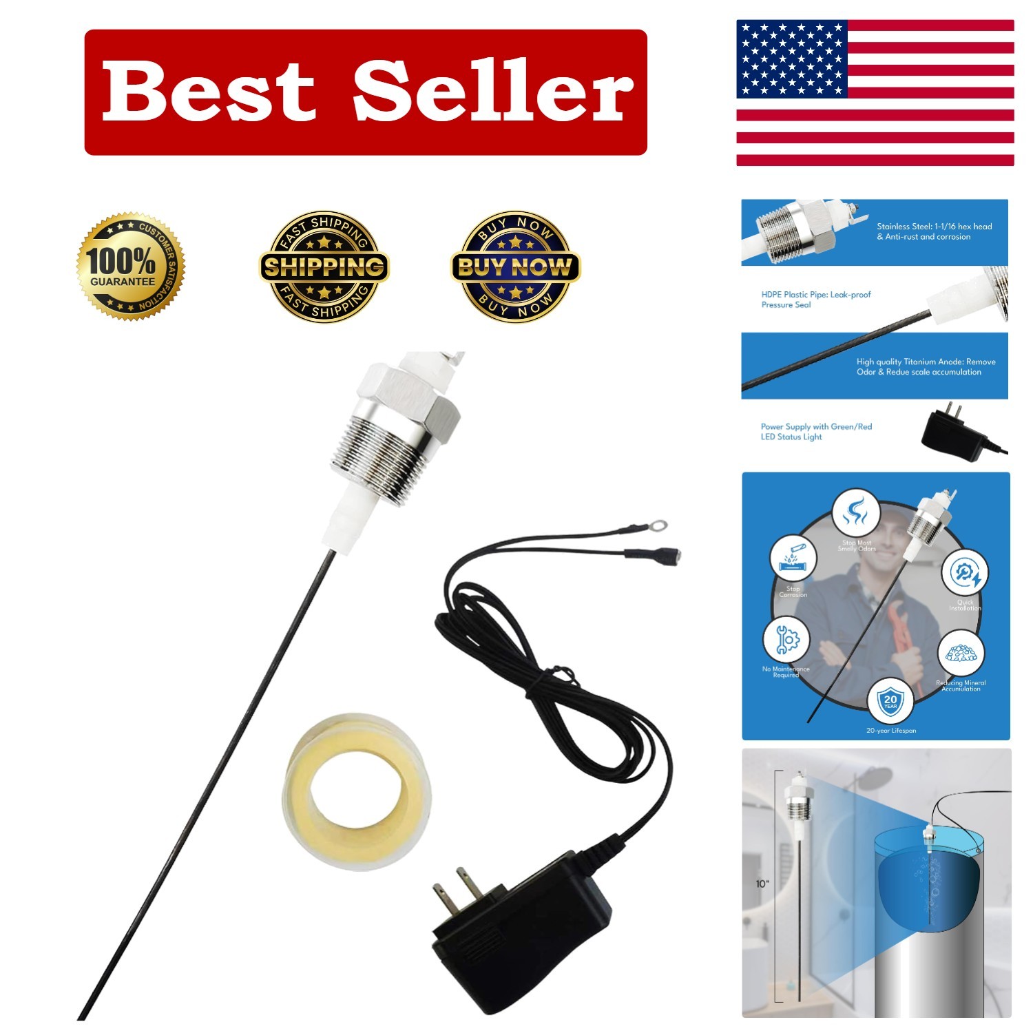 Powered Anode Rod for Water Heater Tank, Electric Anode Rod for Hot Water Heater