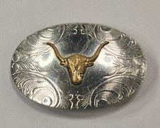 Vintage Oval Nickel Silver Brass Longhorn Steer Head Belt Buckle