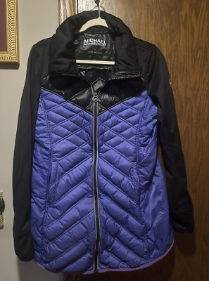 Michael Kors MK V-Chest Full Zip Purple Black Mixed Media Down Jacket L