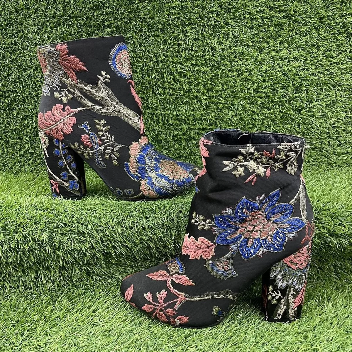 JUSTFABULOUS BLACK SATIN FLORAL ANKLE BOOTS EMBROIDERY PINK BLUE