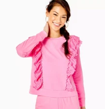 Lilly Pulitzer Deva Ruffle Eyelet Embroidered Sweatshirt Pullover Top S 253760