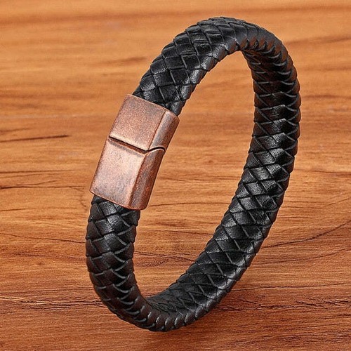 Pulsera de cuero genuino con dije de acero inoxidable de moda - Imagen 7 de 81