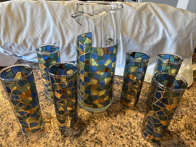Vintage Mosaic Stained Glass Gold/Cobalt Blue/Emerald Green Pitcher + 6 Glasses