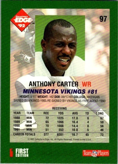 1992 Collector's Edge Football Anthony Carter #97 - Image 2 of 2