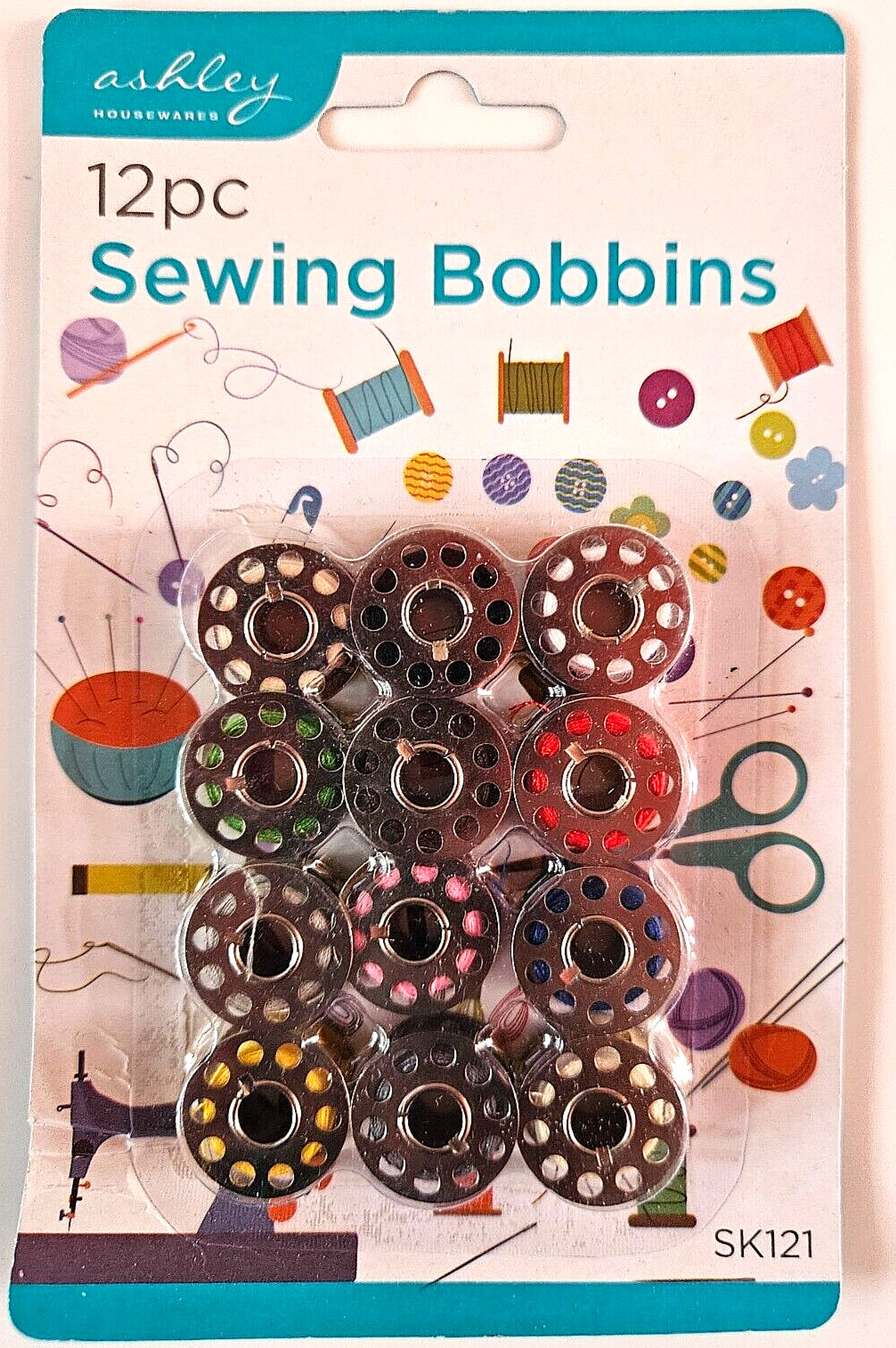12 Metal Sewing Bobbins pre-filled with Assorted colours 20mm Bobbin