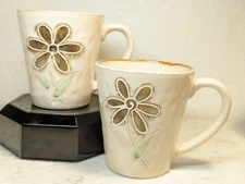 Pier 1 Petals Floral Hand painted Flower Stoneware Coffee Mug Cup Set Of 2 