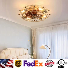 20" Flush Mount Ceiling Fan Light Kit Vintage Gold Farmhouse Lamp with Remote UL