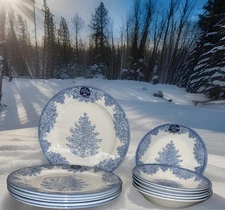 ROYAL STAFFORD ENGLAD 12PIECE SET BLUE CHRISTMAS TREE 6 DINNER 6 SALAD BOWL NWT