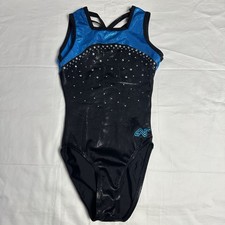 Alpha Factor Metallic Blue Black Rhinestone Embellished Gymnastics Leotard CM/CL