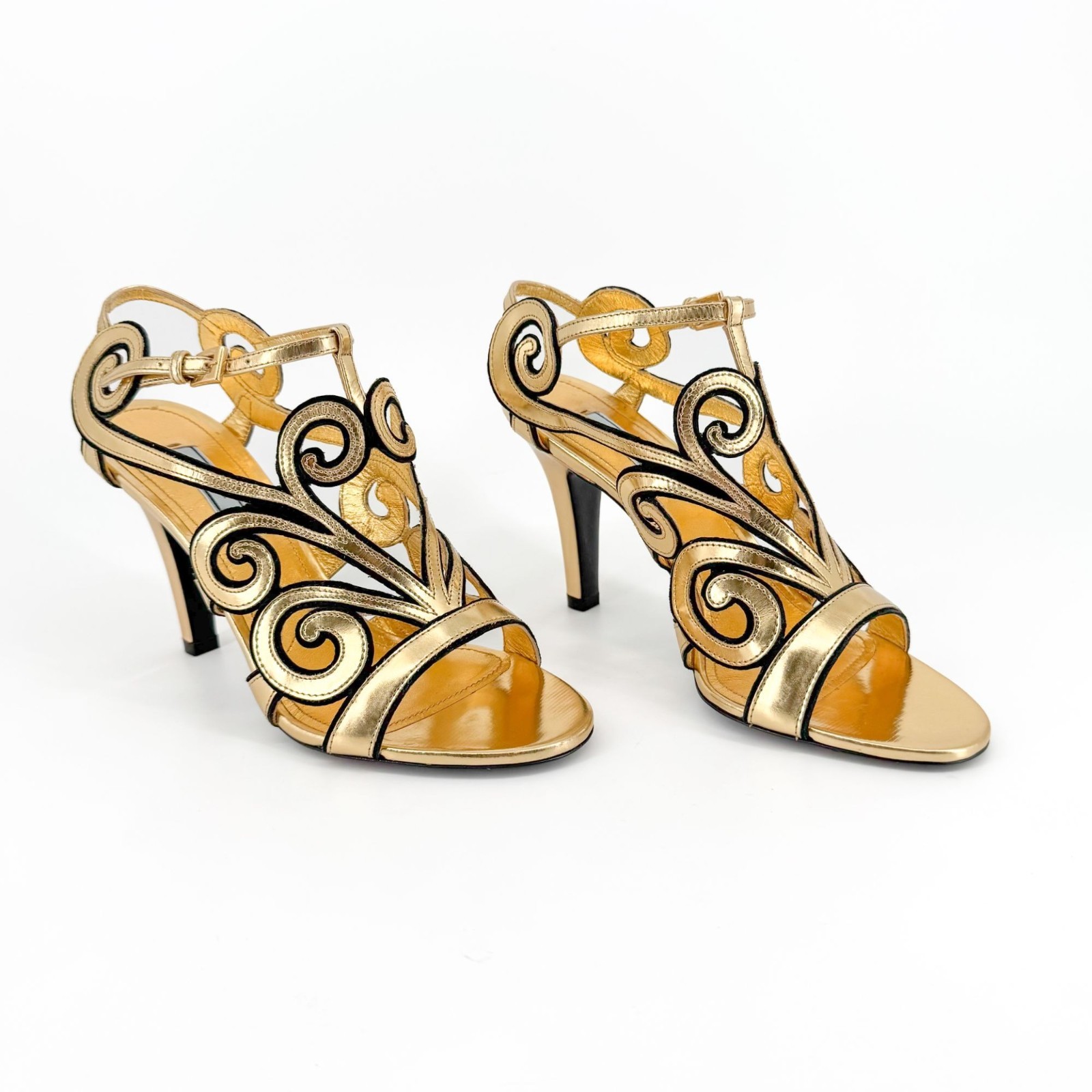 Prada Baroque Gold Caged Sandals Size 37.5 US 7.5 Cutout Metallic Leather Heels