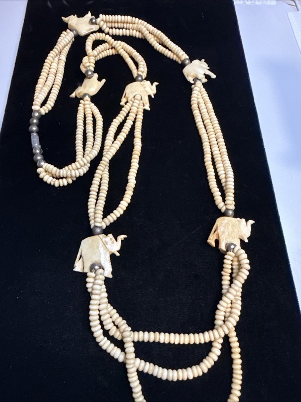 Vintage Multi Strand Elephant Necklace Hand Carved Bovine Bone Cream Beaded Boho
