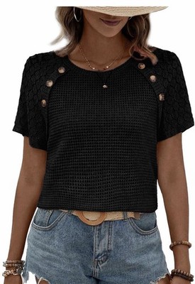 EVALESS Womens Short Sleeve Waffle Knit Tops Crewneck Lace Crochet Charcoal Blk