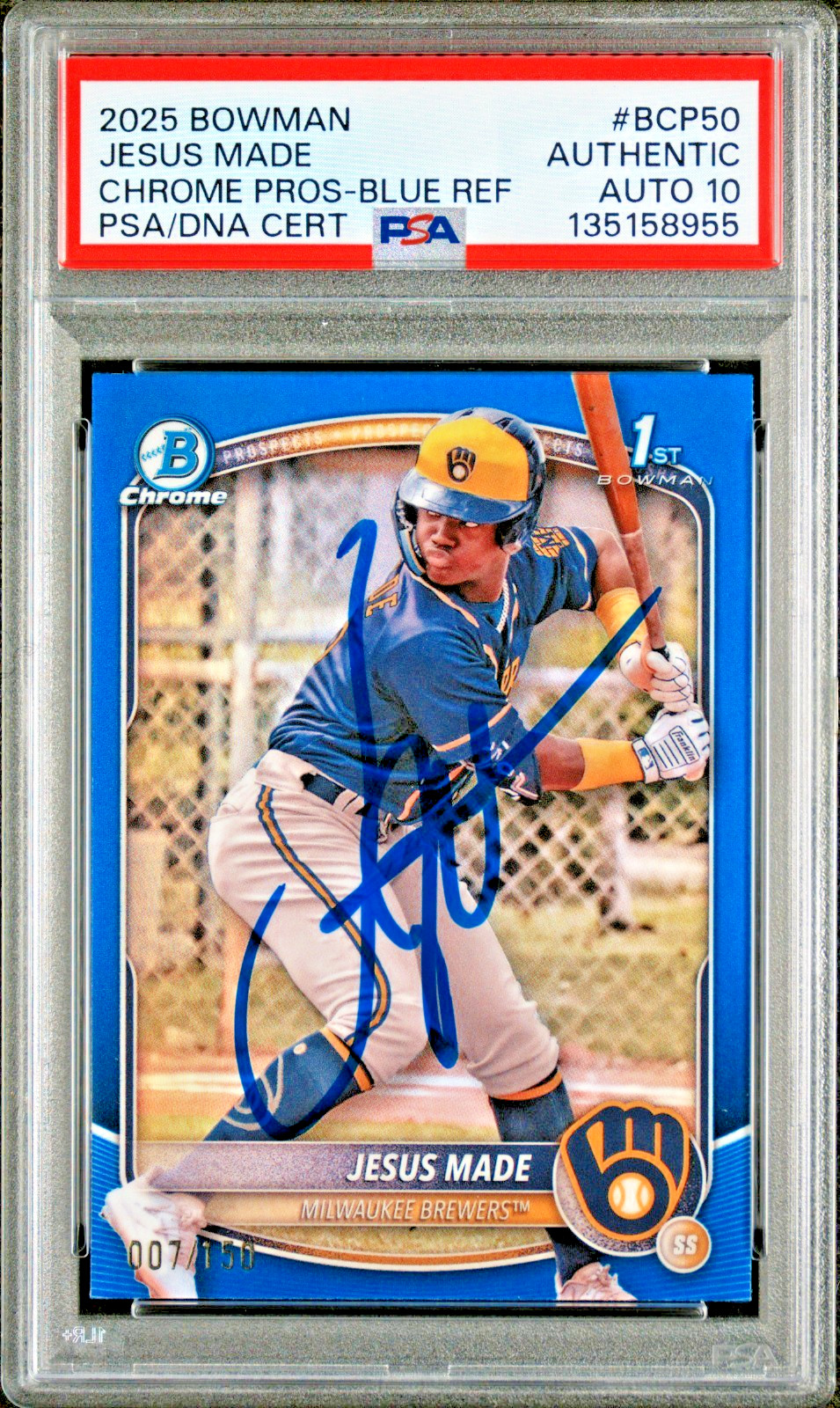 JESUS MADE signed auto 2025 1st Bowman Chrome Blue Refractor /150 PSA AUTO 10