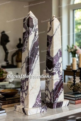 Calacatta Viola Marble Egyptian Obelisk Pair with Distinctive Purple Veining
