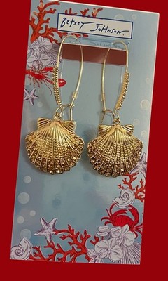 Betsey Johnson Earrings Drop Gold Tone Mermaid Seashell Crystal Jewels Hook NWT