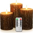 Birch Bark Flameless Pillar Candles with Remote Flickering Rustic Battery LED...