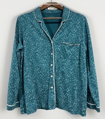 Garnet Hill Pajama Shirt Women L 100% Organic Green Cotton Teal Leopard Print