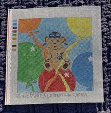 VTG 1982 Handpainted Needlepoint Canvas Teddy Bear And Balloons Fantex 13x12.5