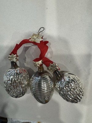 SIlver  Blown Glass Christmas Ornament ~ Germany ~2-1/2'' tall 3 Pc On Ribbon