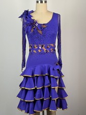 Latin Pro-Am Competition Custom Ballroom Purple  Gold Ruffled Dress  MEDIUM
