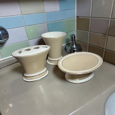 Beige White Gold Trim Ceramic Bath Set Toothbrush Holder Cup Soap Holder Decor