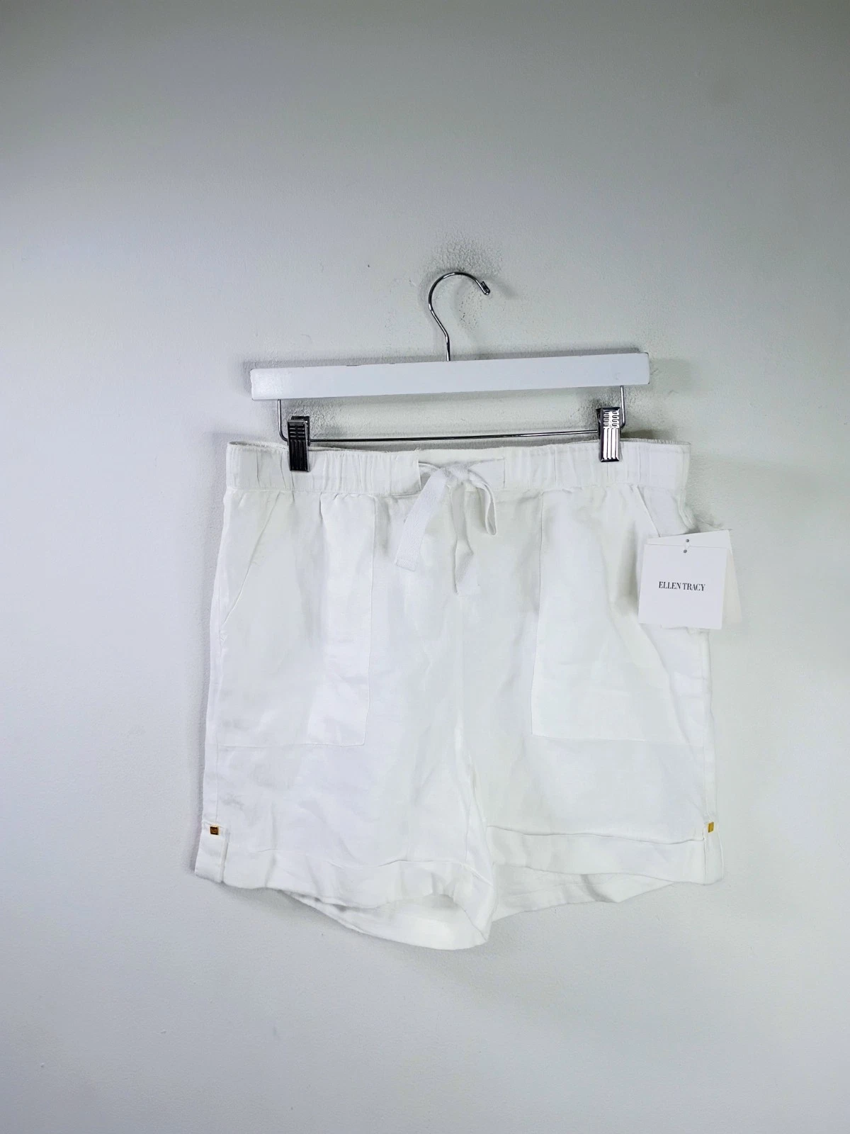 NEW Ellen Tracy 100% Linen Drawstring Shorts Chalk White Medium $80