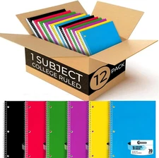 Spiral Notebook, 12 Pack, 1 Subject, College Ruled, 70 Sheets, 8 X 10-1/2", 3 Ho