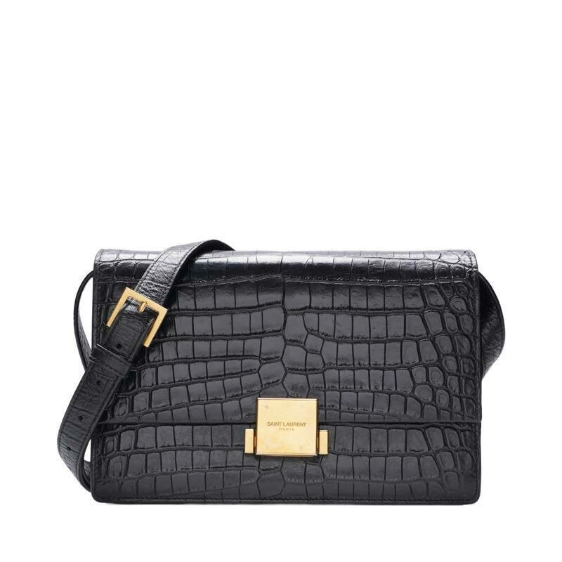 Borsa a tracolla media Saint Laurent nera Croc Belchas placcata oro
