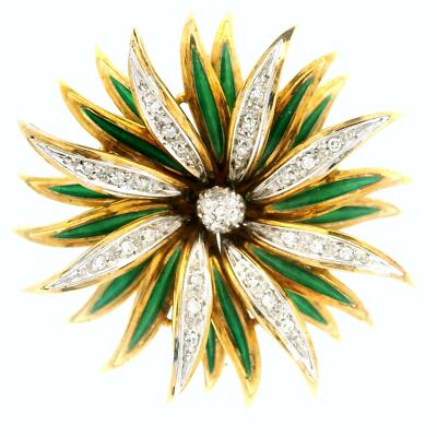 Vintage Solid Gold Diamond Green Enamel Spray Flower Multi Layer Brooch Pin