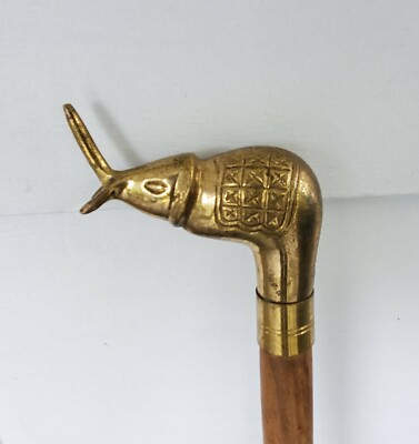 Vintage 1950's Brass Elephant Handle Walking Cane. Carved Spiral