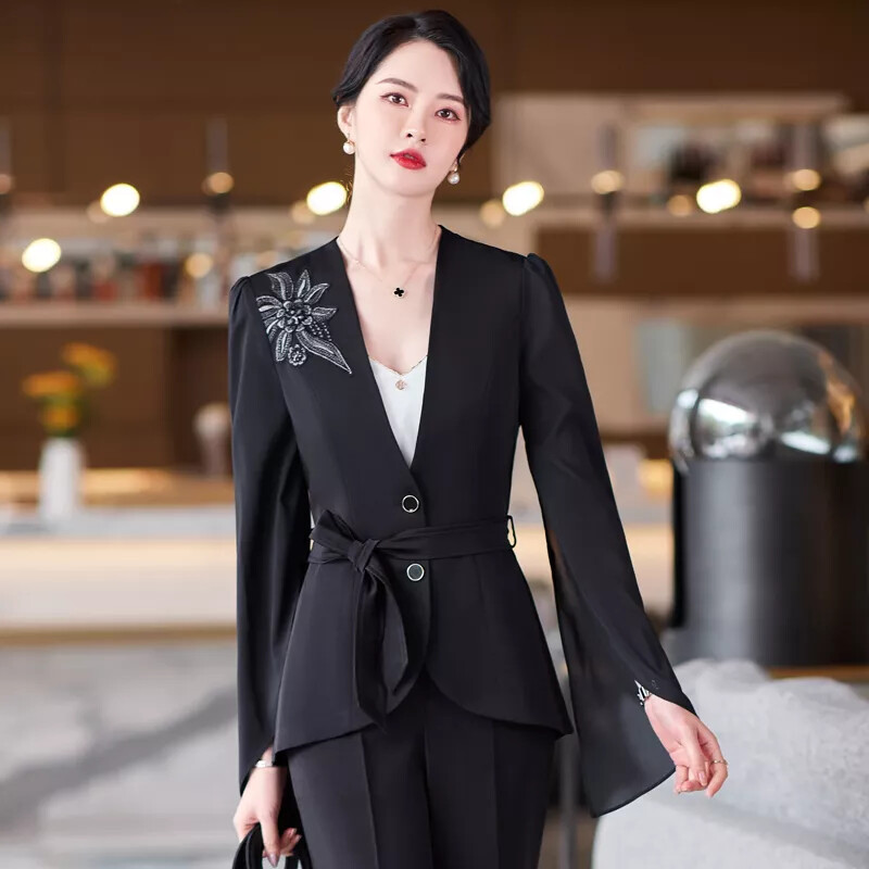 Traje Completo Mujer Oficina Chaqueta Blazer Pantalones Slim Negro Cinturón T226