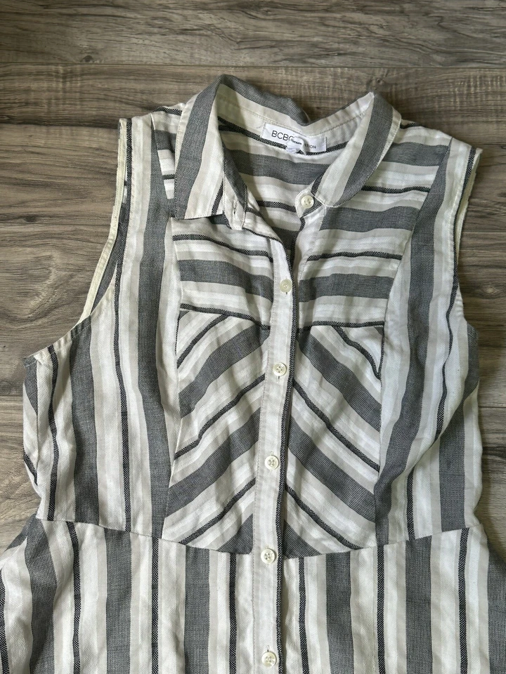 Vestido BCBG Generation listrado com colarinho sem mangas abotoado branco tamanho 12 - Imagem 4 de 4