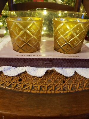 NIB Set of 2 Bombay Company Gold Star Etched Glass Tealight Candle Holders